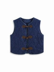 Denim V-neck Toggle Button Quilted Vest