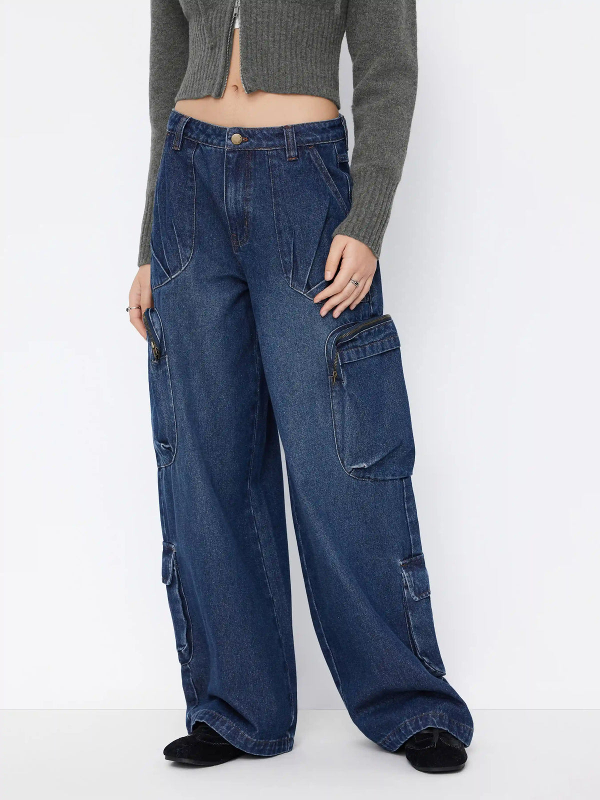 Cider Denim Low Rise Wide Leg Cargo Jeans