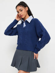 Cable Knit Collar Two Tone Long Sleeve Top