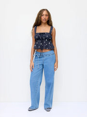 Cotton-blend Gingham Floral Lace Trim Tie Front Crop Cami Blouse