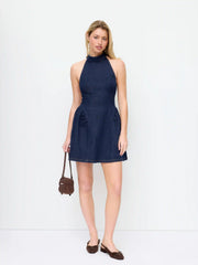 Washed Denim Twist Knotted Halter Neck A-line Mini Dress