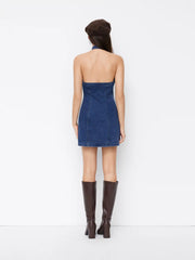 Stretch Denim Mandarin Collar Solid Cut Out Mini Dress