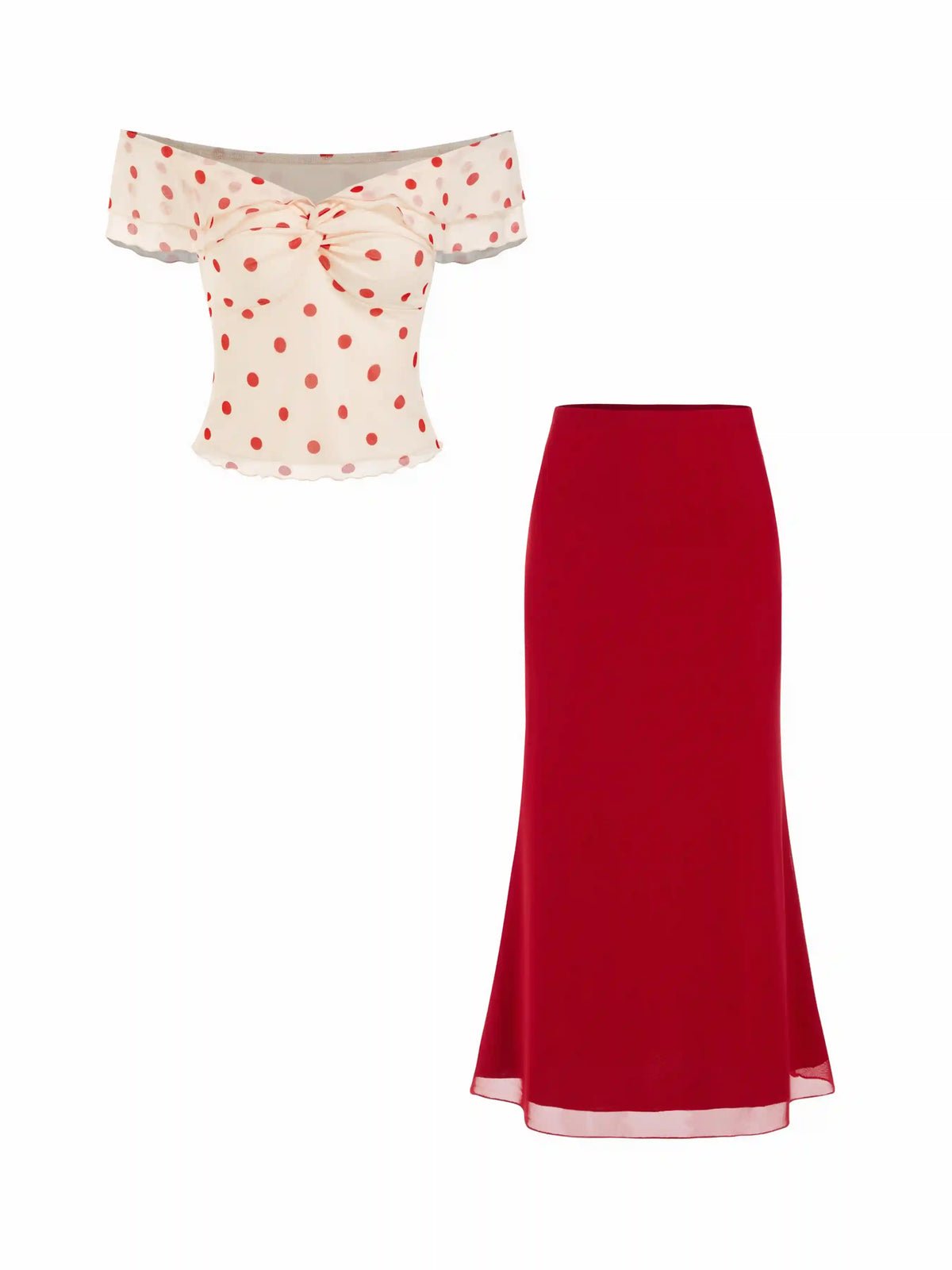 Mesh Off-Shoulder Polka Dot Ruffled Top & Mermaid Maxi Skirt Set