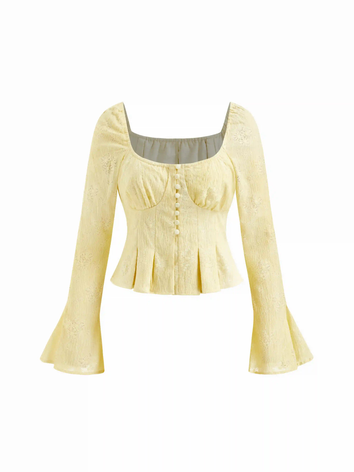 Jacquard Square Neck Floral Pointelle Pleated Bell Sleeve Top