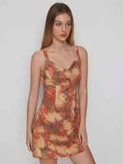 Abstract Floral Cowl Neck Backless A-line Mini Dress With Metal Detail
