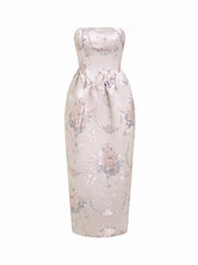 Jacquard Floral Bandeau Bowknot Bubble Maxi Dress