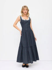 Cotton-blend Plaid Square Neck Lace Trim Tiered Maxi Dress