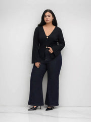 Cotton-blend V-neck Split Long Sleeve Top Curve & Plus