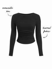 Thermal Cotton-blend Boat Neck Ruched Tee With Removable Padding