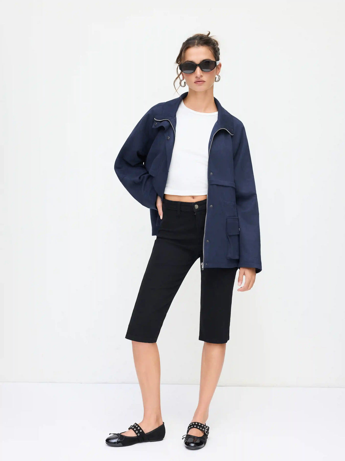 Stand Collar Drawstring Zip Through Oversized Jacket