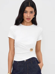 Round Neckline Ruched Button Short Sleeve Tee