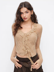 Lace V-neck Ruffled Blouse & Halter Neckline Top
