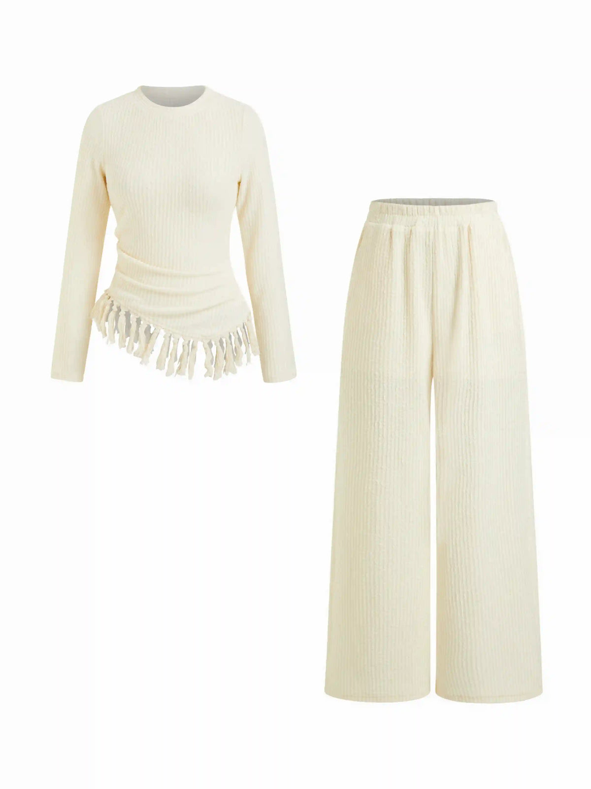 Fringe Hem Ruched Top & Mid Rise Pants Set