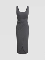 Square Neck Solid Twist Knotted Maxi Dress