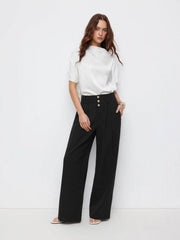 High Rise Pleated Button Wide Leg Trousers