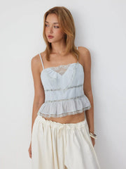 Chiffon Striped Lace Trim Ruffle Hem Crop Cami Top