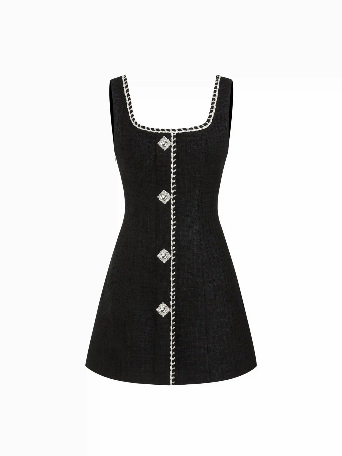Tweed U-neckline Rhinestone Button A-line Mini Dress