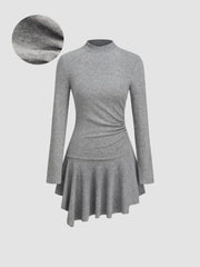 Terry High Neck Ruched Ruffle Mini Dress