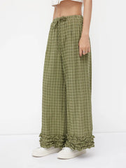 Mid Rise Check Drawstring Lettuce Trim Trousers