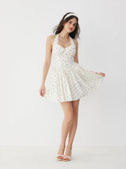 Ditsy Floral Halter Neckline Ruffled A-line Mini Dress
