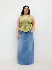 Cotton-blend V-neck Tie Front Shirred Blouse Curve & Plus