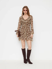 Two Pieces V-neck Floral Ruffle Knotted Mini Dress With Cami Mini Dress