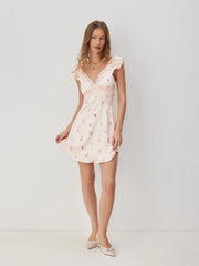 Satin Floral V-neck Ruffle Sleeve Lace A-line Mini Dress