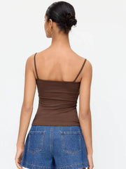 Cotton-blend V-neck Lace Panel Ruched Cami Top