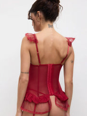 Lace Floral Bowknot Ruffle Corset Lingerie With Thong Set