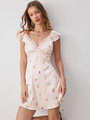 Satin Floral V-neck Ruffle Sleeve Lace A-line Mini Dress