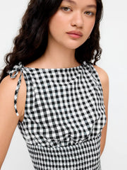 Cotton-blend Boat Neck Gingham Shirred Lettuce Trim Knotted Tank Top
