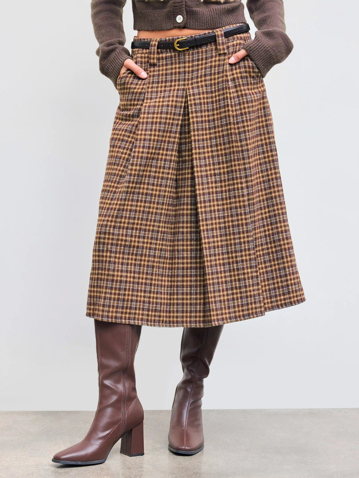 Wool-like Mid Rise Checks Pleated Maxi Skirt With Belt