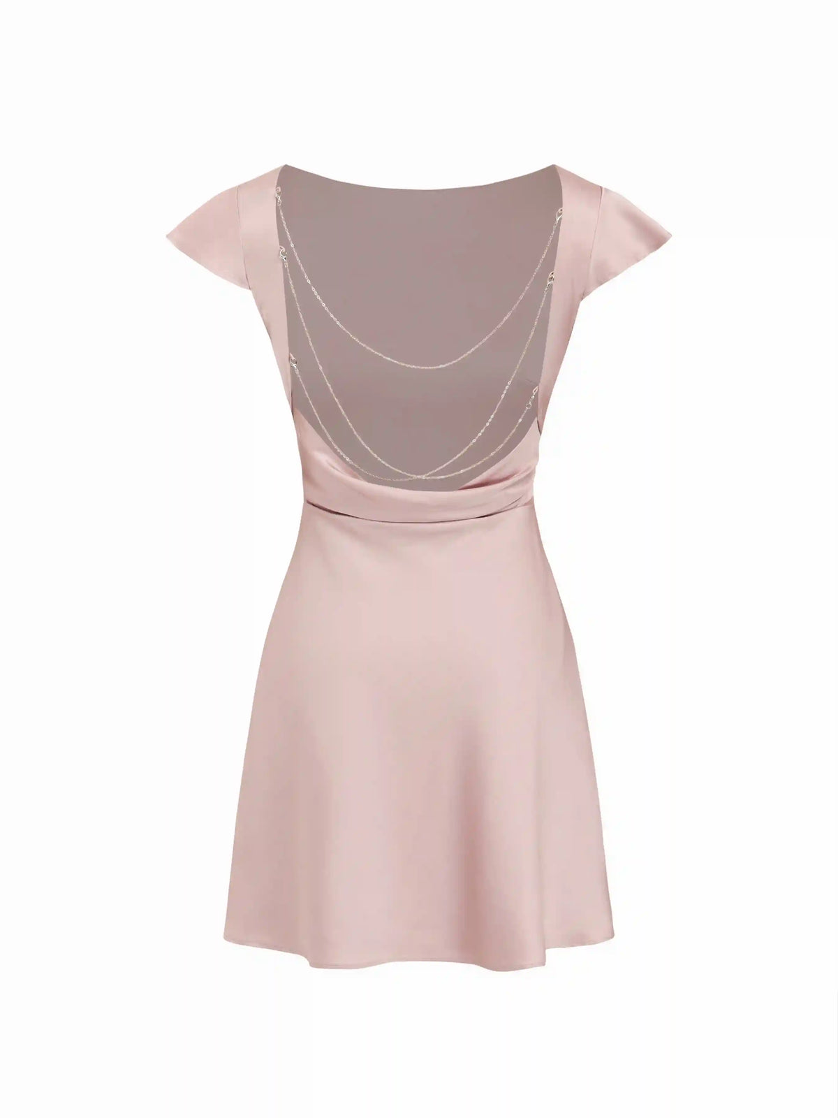 Satin Boat Neck Ruffle Sleeve Backless Mini Dress with Chain