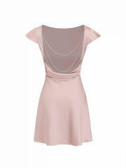 Satin Boat Neck Ruffle Sleeve Backless Mini Dress with Chain