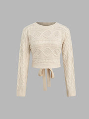 Cable Knit Round Neck Cut Out Knotted Sweater