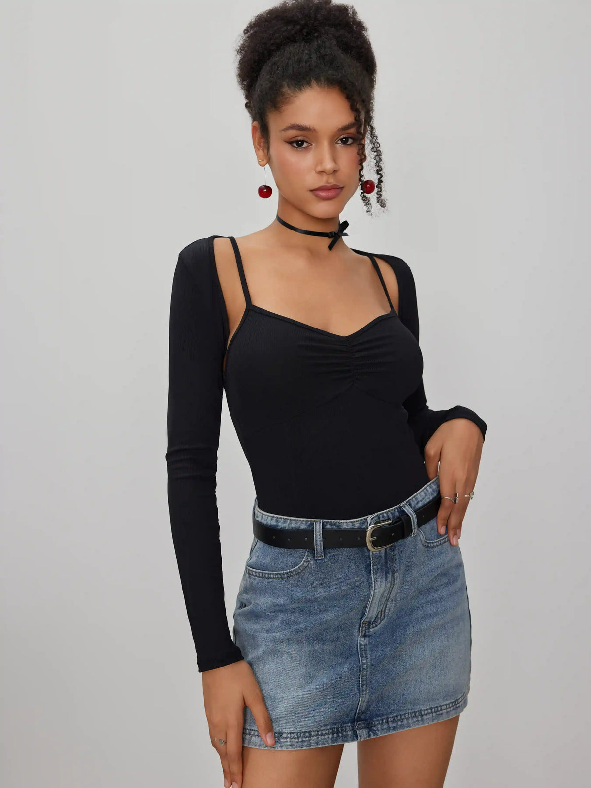 V-neck Solid Bodysuit With Long Sleeve Shrug