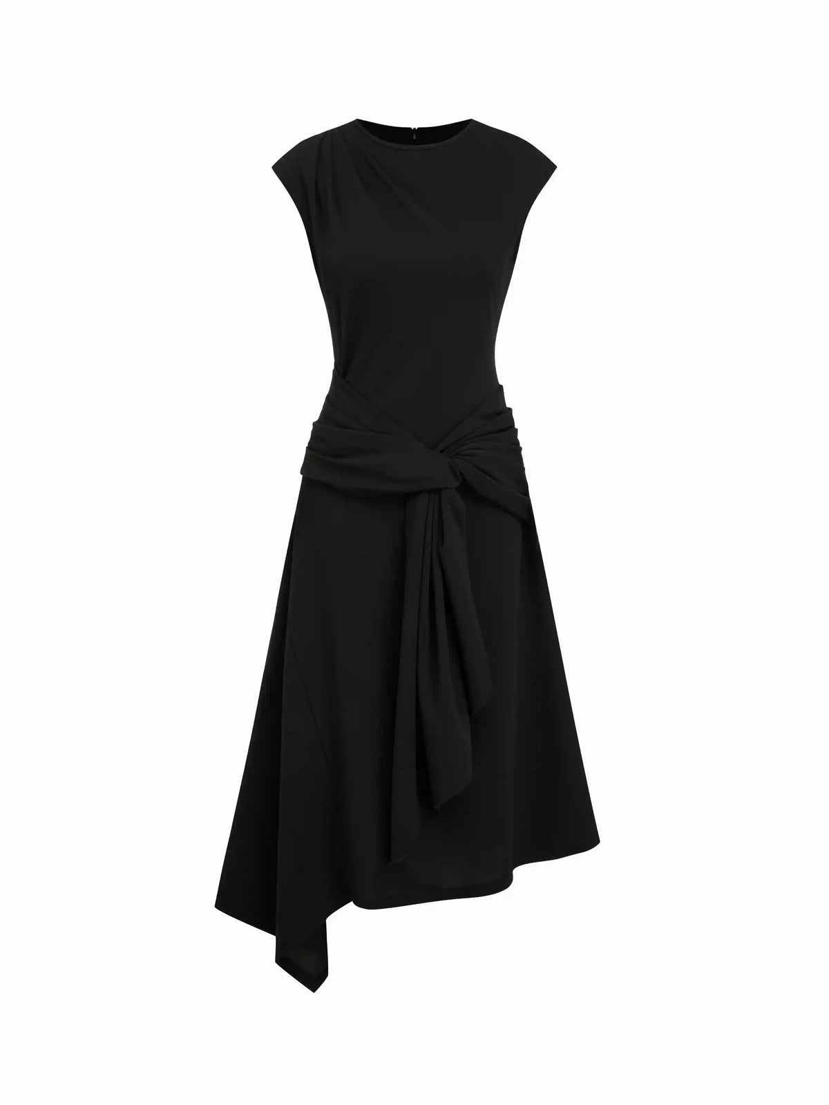 Round Neck Belted Asymmetrical Hem Midi Dress
