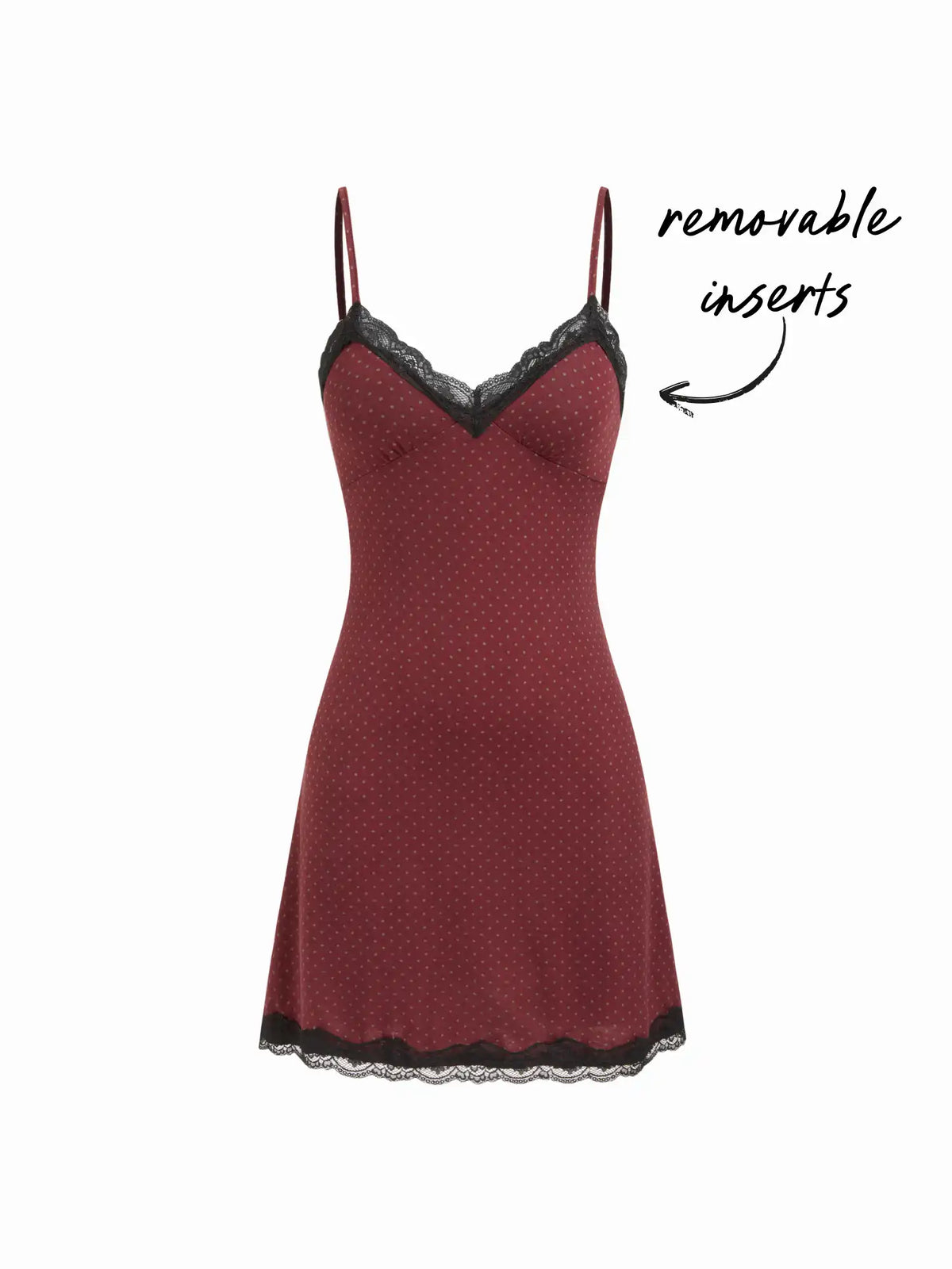 V-neck Polka Dot Lace Trim Mini Nightdress With Removable Padding