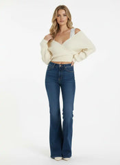 V-neck Solid Lace Knit Crop Wrap Sweater