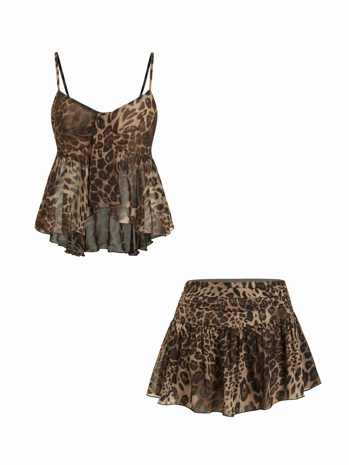 Chiffon Draped Leopard Graphic Cami Top & Mid Rise Tiered Mini Skirt Set