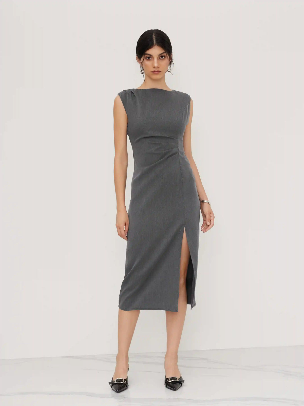 Boat Neck Ruched Split Maxi Dress