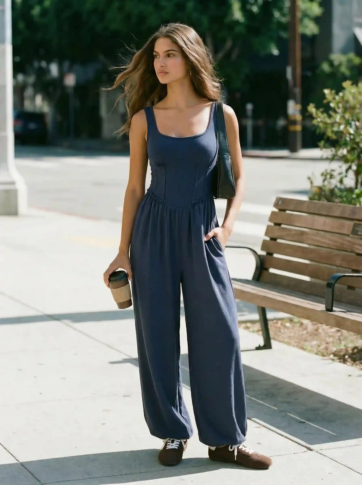 Cotton-blend Scoop Neckline Ruched High Rise Bloomer Jumpsuit