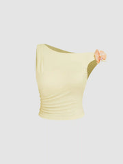 Asymmetrical Neck Ruched Flower Crop Tank Top