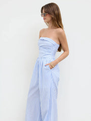 Cotton-blend Stripe Ruched Shirred Fold Over Bandeau Jumpsuit