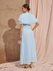 Chiffon Stand Collar Cloak Sleeve Pleated Shirred Flared Maxi Dress