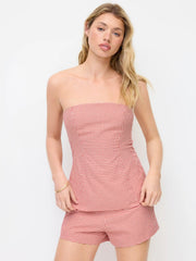 Cotton-blend Gingham Knotted Strapless Top & Mid Rise Pleated Shorts Set