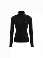 Cable Knit High Neck Metal Detail Button Long Sleeve Top