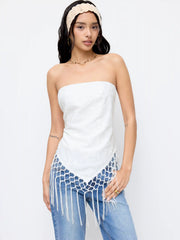 Cotton-blend Fringe Hem Asymmetrical Wrap Top
