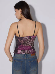 Mesh Leopard & Floral Graphic V-Neck Lace Trim Cami Top