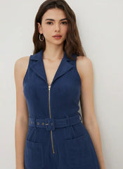 Corduroy Collar V-neck Zip Through Flared Jumpsuit With Belt